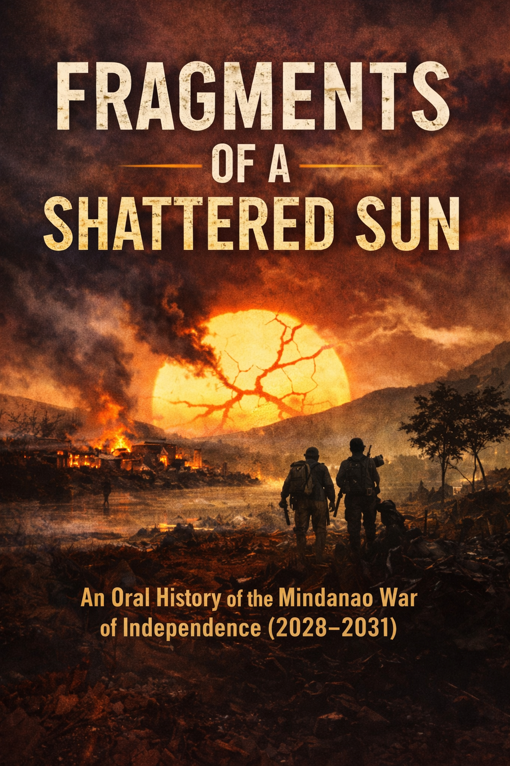 Fragments of a Shattered Sun book cover - silhouettes of soldiers walking toward a cracked orange sun